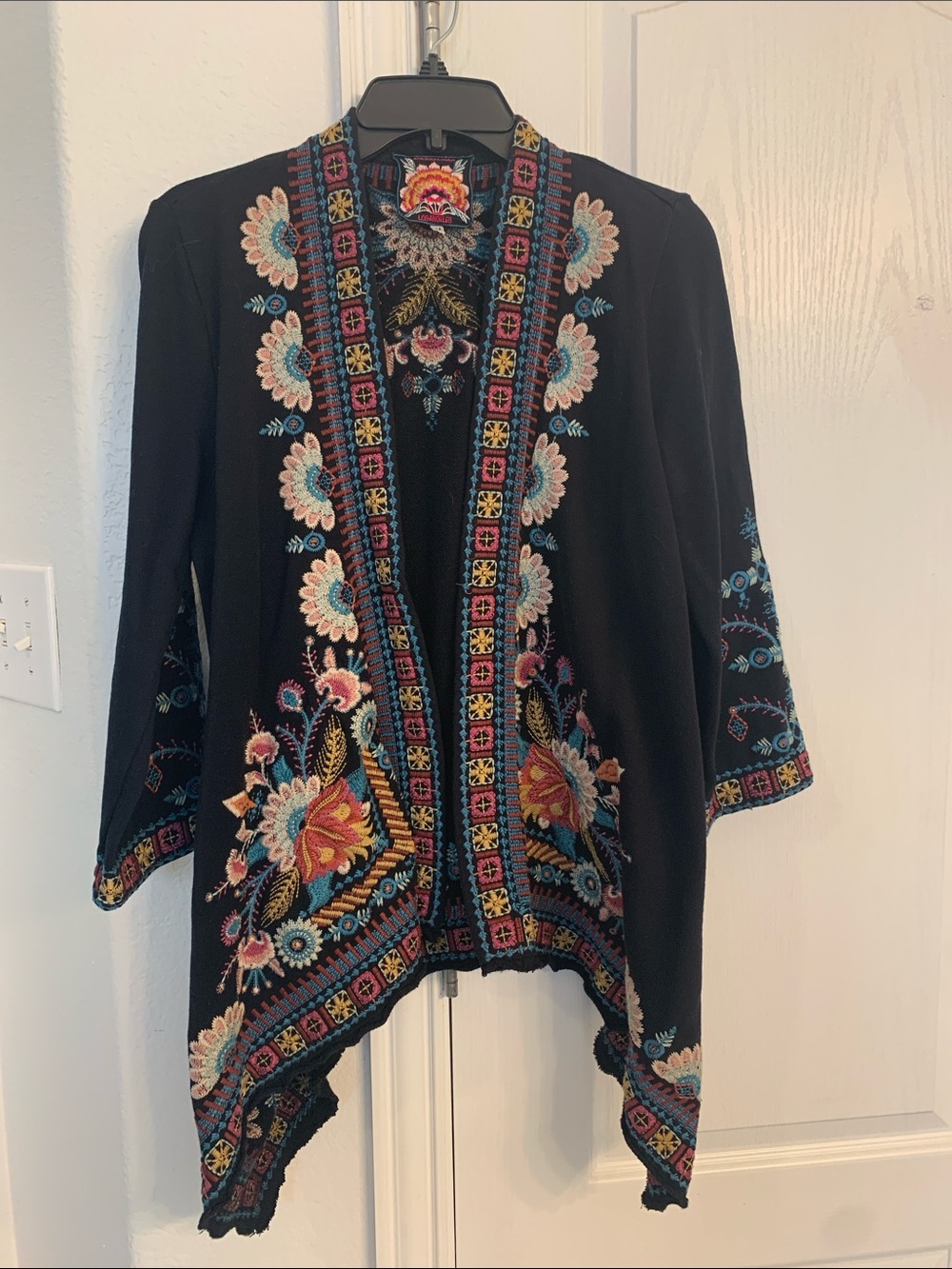 Johnny Was Black Open-Front Embroidered Floral Kimono with Multicolor Detailing
